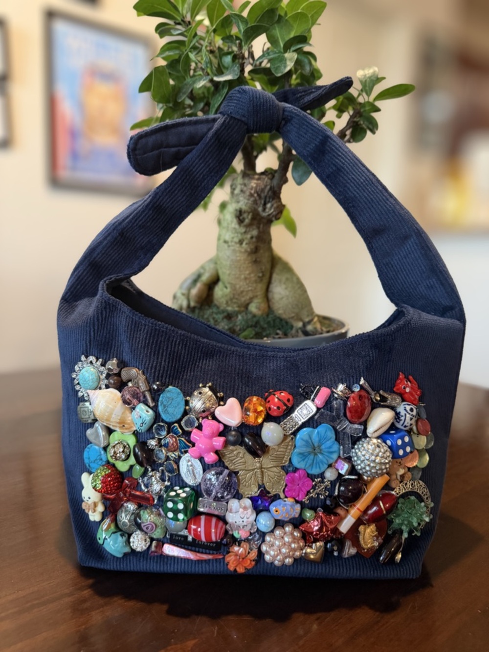 Navy Corduroy Handbag with Vintage Beads and Trinkets